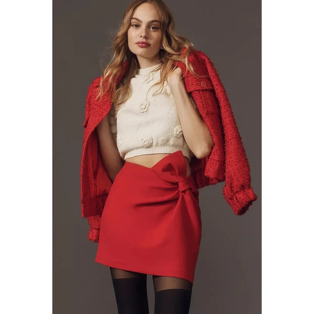 NWT Anthropologie Maeve Red Twist Mini Skirt Size 10‎ Red Bow Holiday Twee